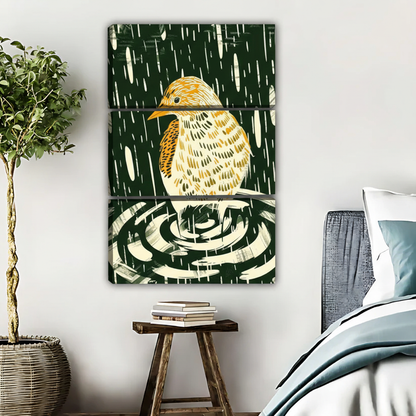 小鸟木刻版画三联画场景图