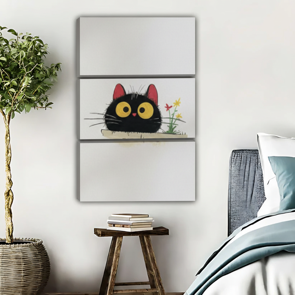 黑猫与小花水彩插画三联画场景图-增强立体感