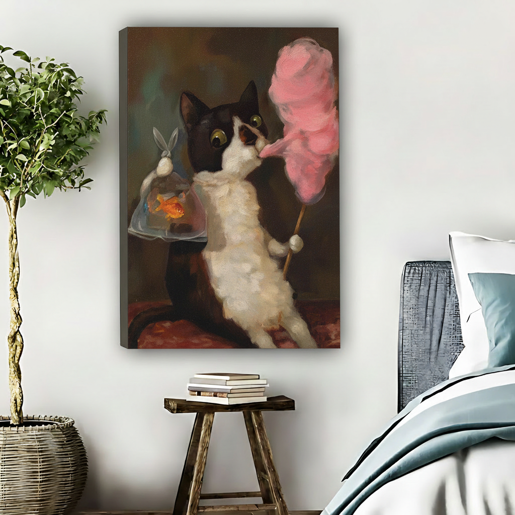 猫吃棉花糖金鱼-无框画布