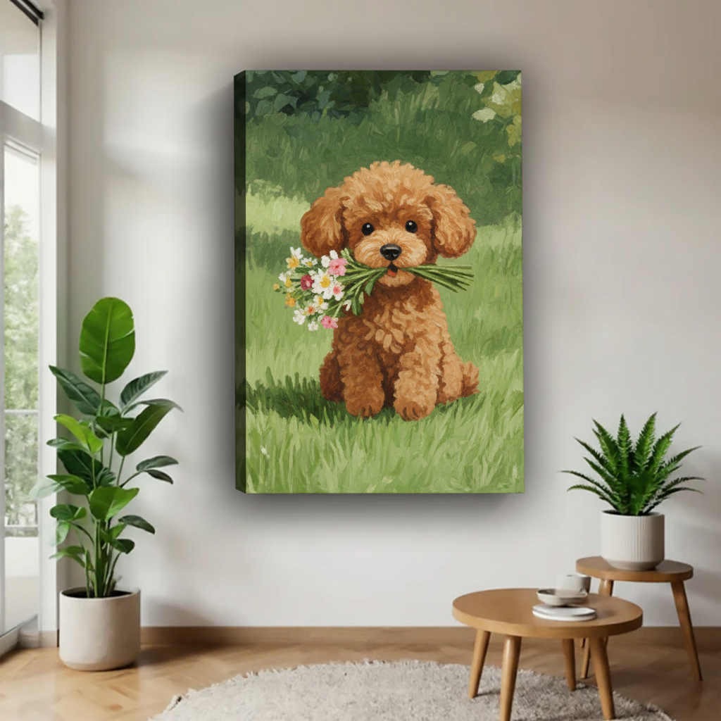 贵宾犬叼花束帆布画场景图