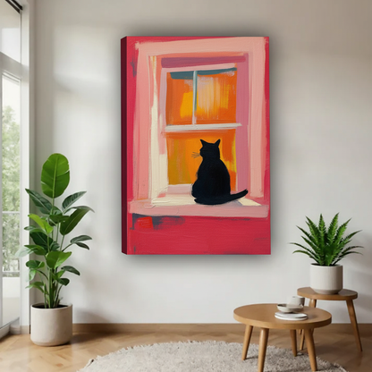 窗边黑猫剪影画布场景图