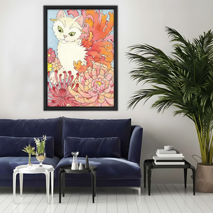 水彩白猫花卉画作-黑框装裱-重新生成