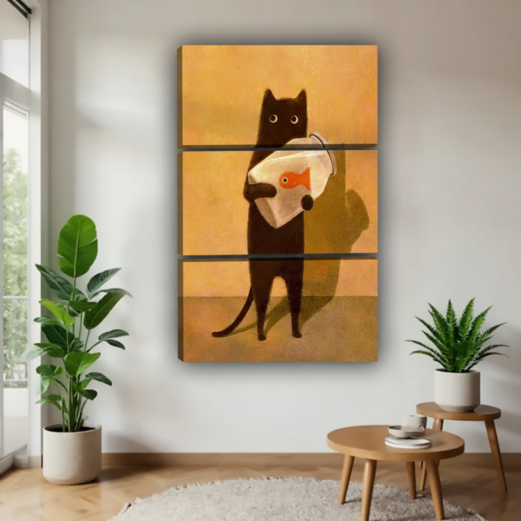 黑猫抱鱼缸-三联画