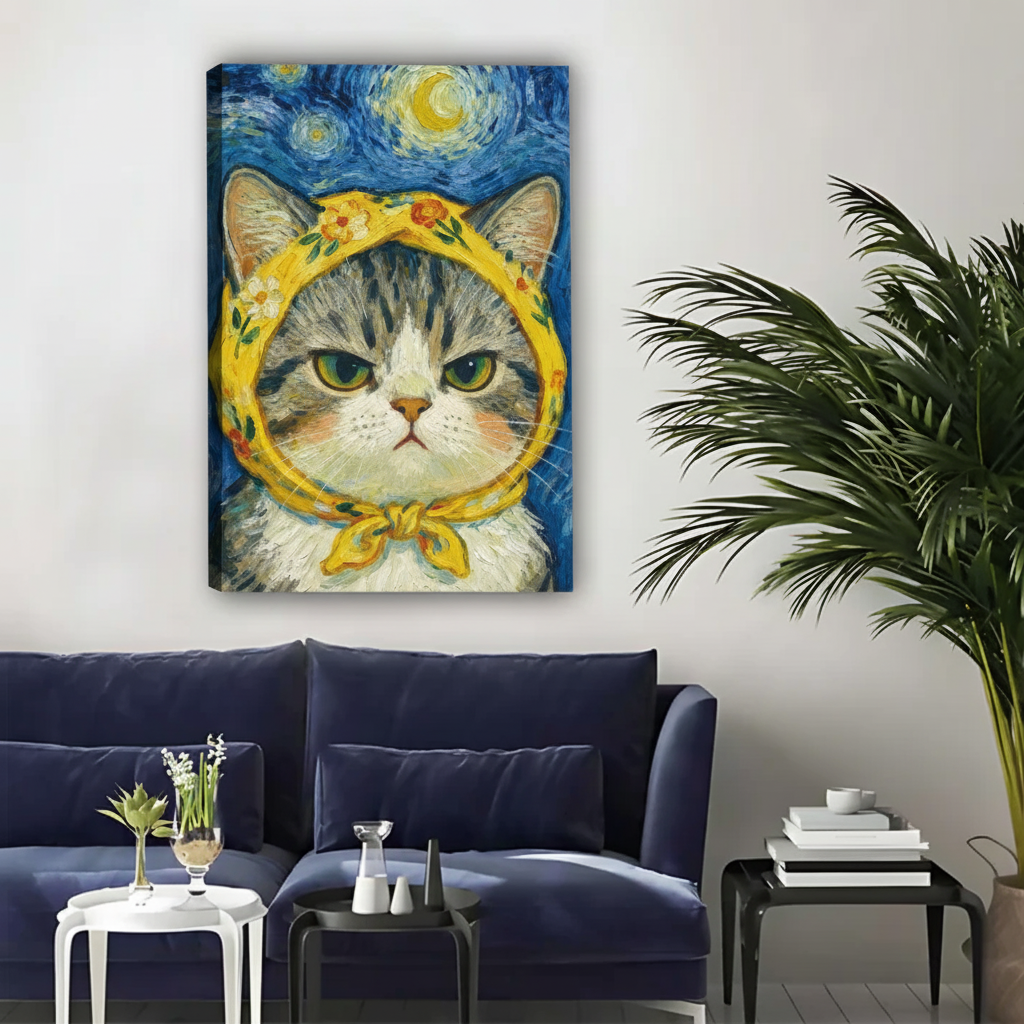 左侧边缘明显的梵高风格猫咪画作