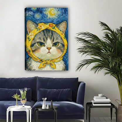 左侧边缘明显的梵高风格猫咪画作