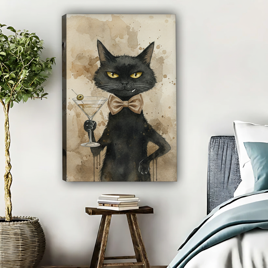 黑猫马提尼水彩画无框画布场景图