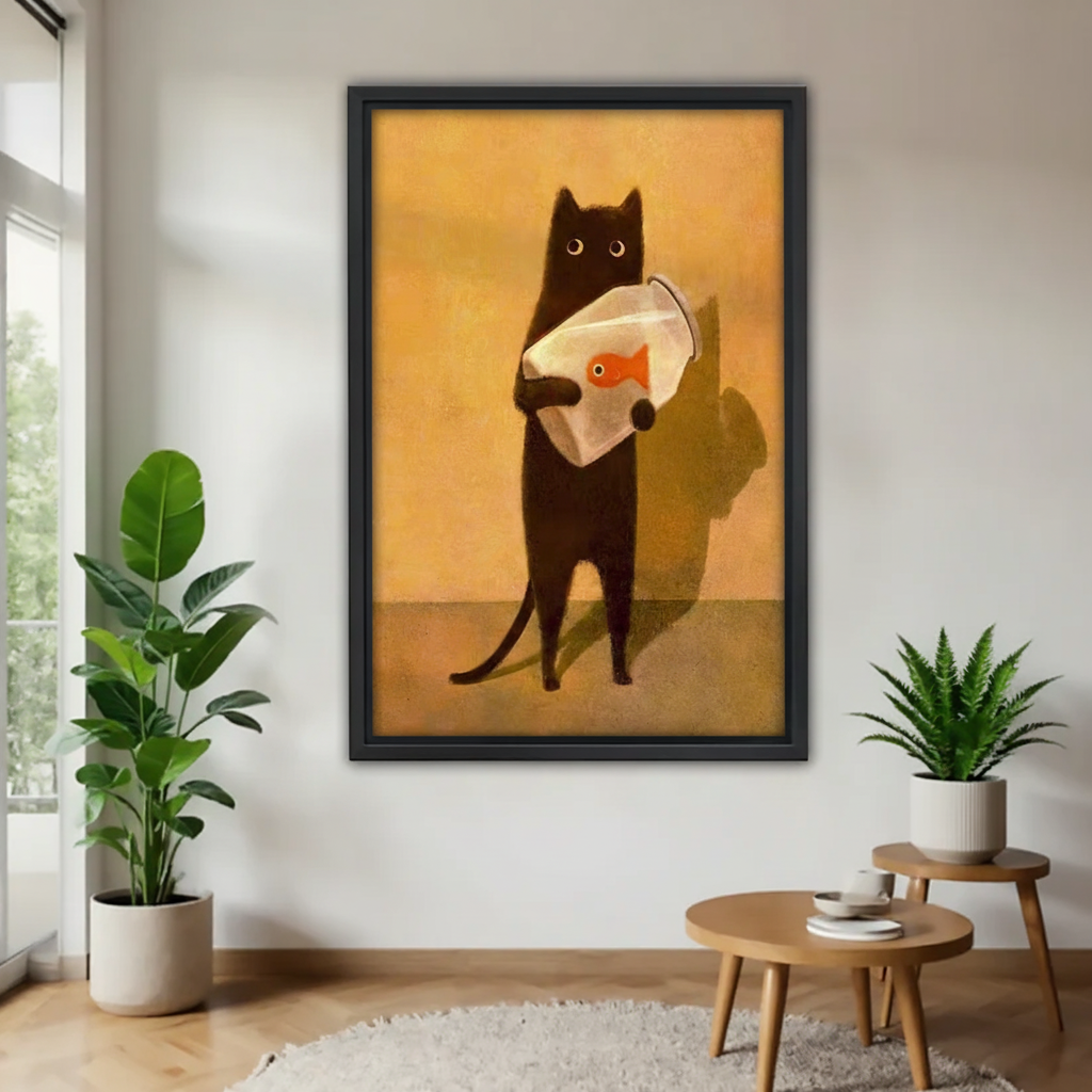 黑猫抱鱼缸-木框画修正