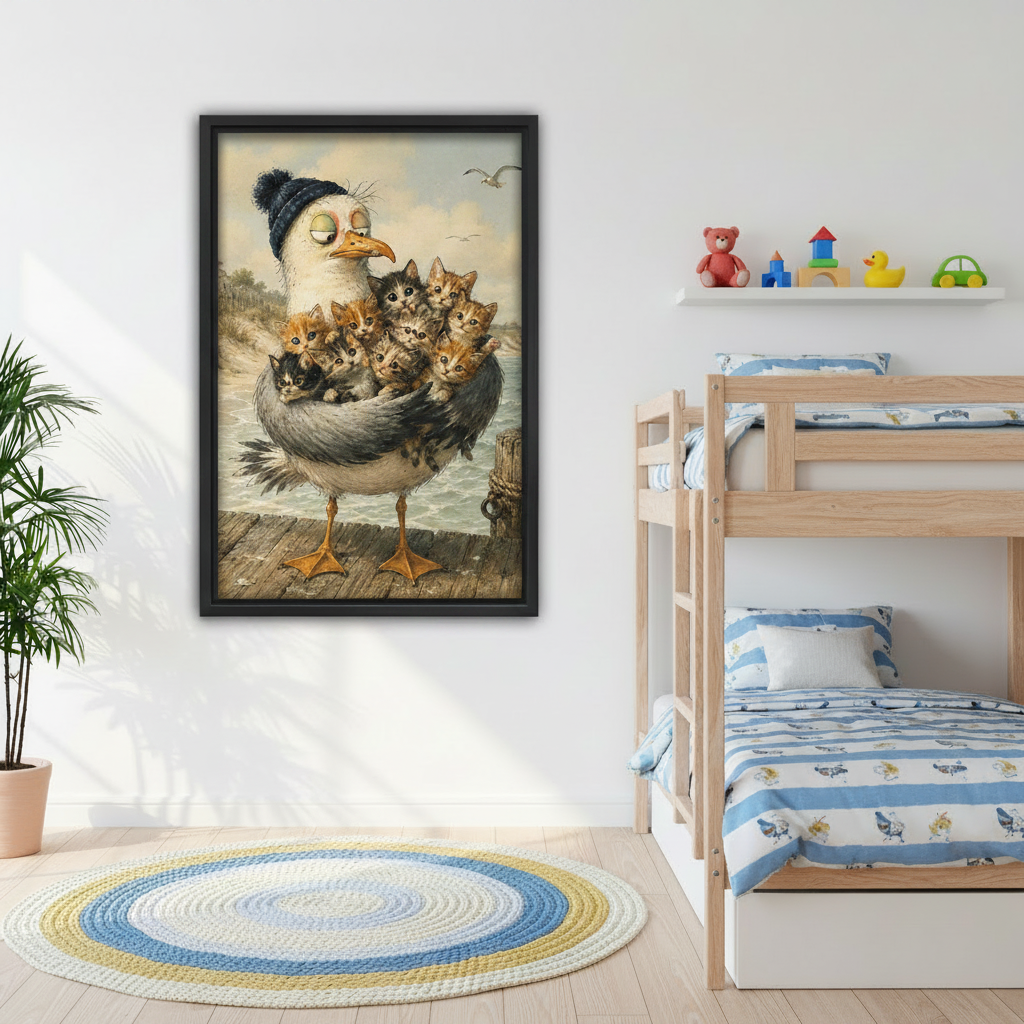 Framed seagull in hat holding kittens canvas wall art in kids bedroom, whimsical coastal bird and cat print for children's room decor