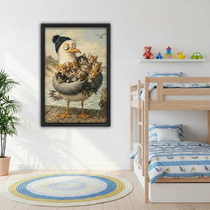 Framed seagull in hat holding kittens canvas wall art in kids bedroom, whimsical coastal bird and cat print for children's room decor