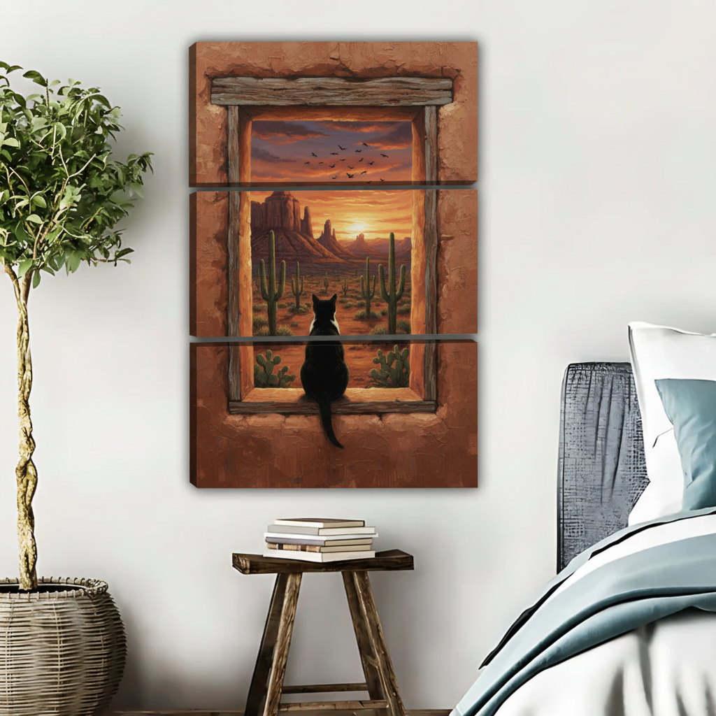 沙漠窗景猫咪艺术画三联画场景图
