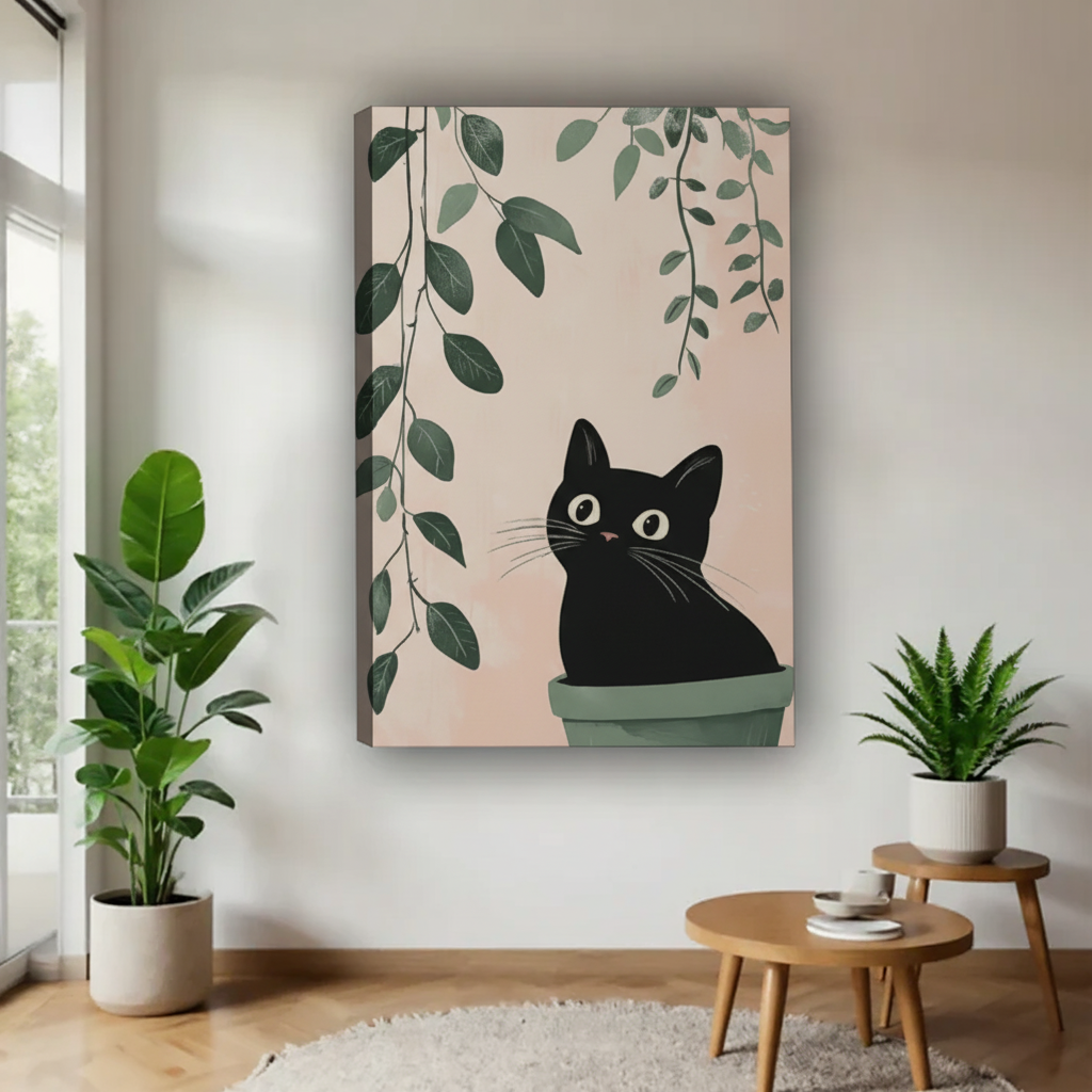 黑猫与绿植画布场景图