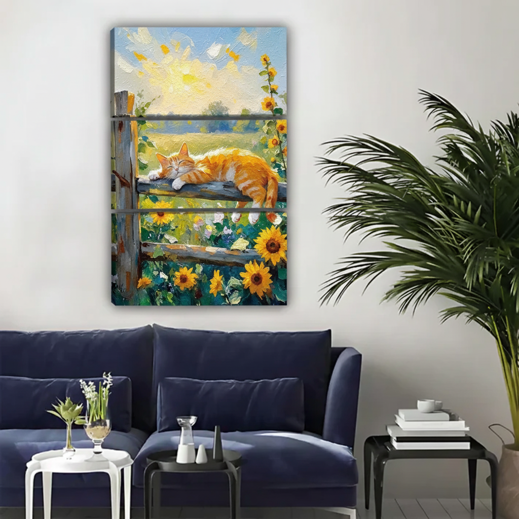 替换为三联橘猫向日葵田园画的客厅场景