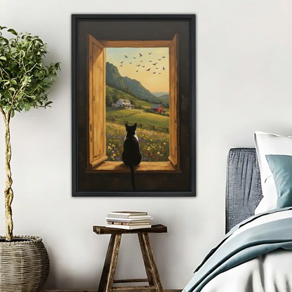 田园农场窗景猫咪艺术画木框画场景图