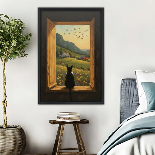 田园农场窗景猫咪艺术画木框画场景图