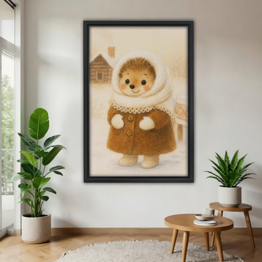 冬日刺猬木框画场景图