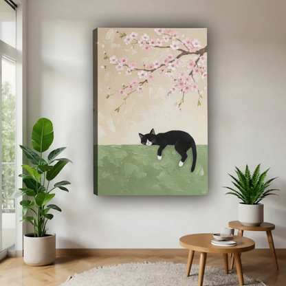 黑猫樱花帆布画场景图