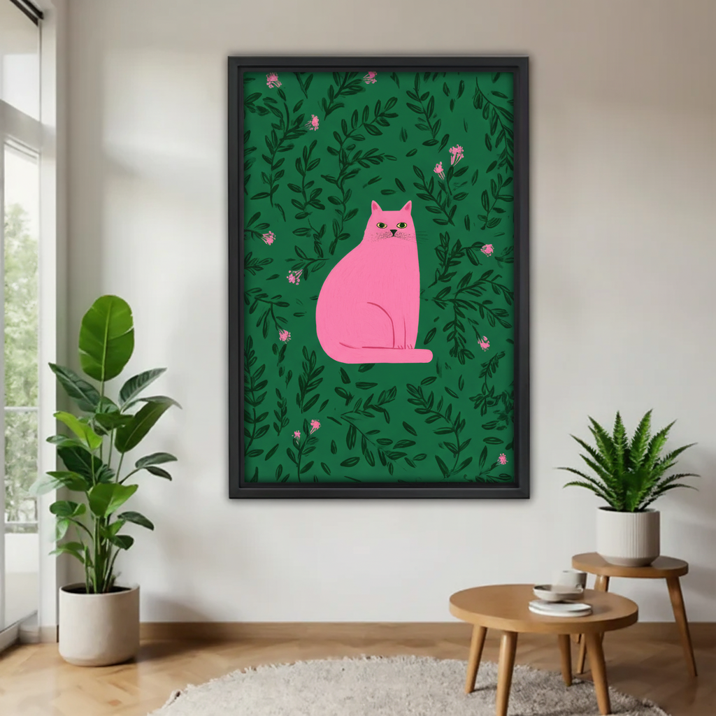 粉色猫咪植物背景木框画场景图