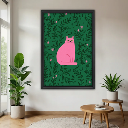 粉色猫咪植物背景木框画场景图
