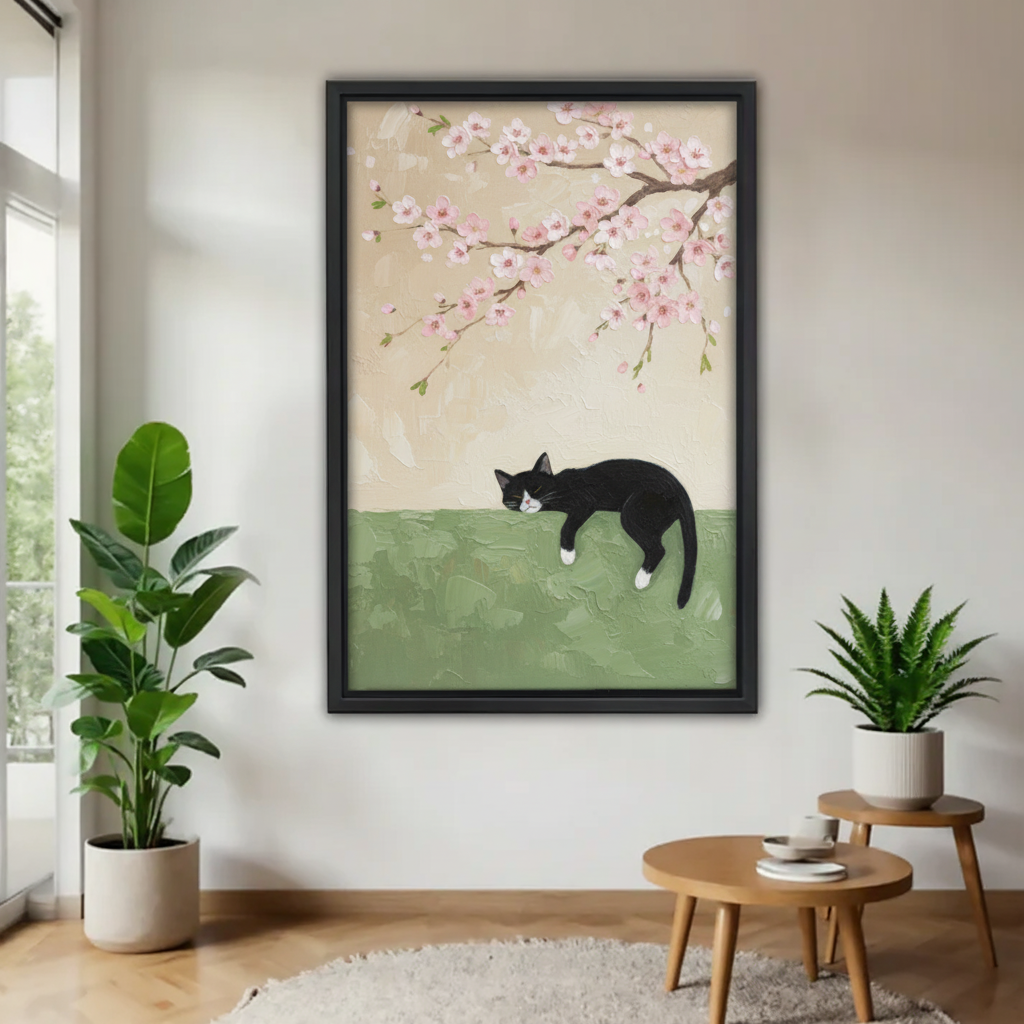 黑猫樱花木框画场景图