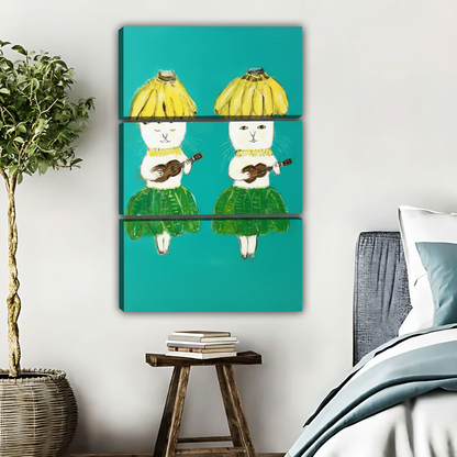 香蕉猫弹吉他插画三联画场景图-增强立体感