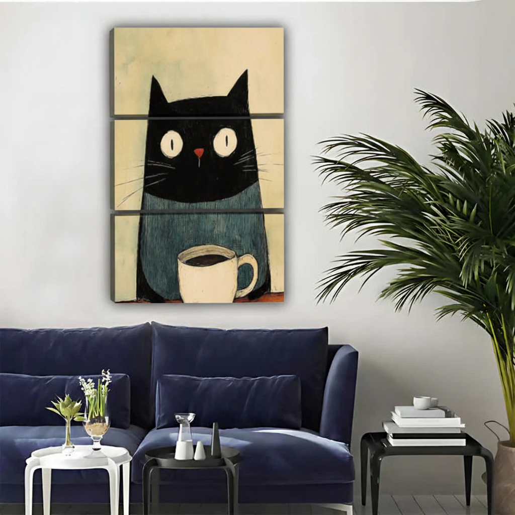 黑猫穿毛衣喝咖啡三联画