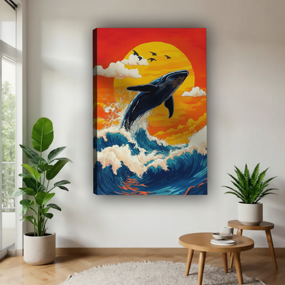 鲸鱼跃出海面画布场景图