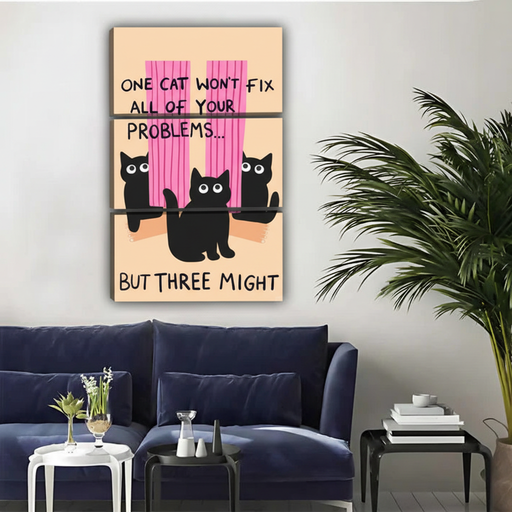 三只黑猫粉色窗帘三联画