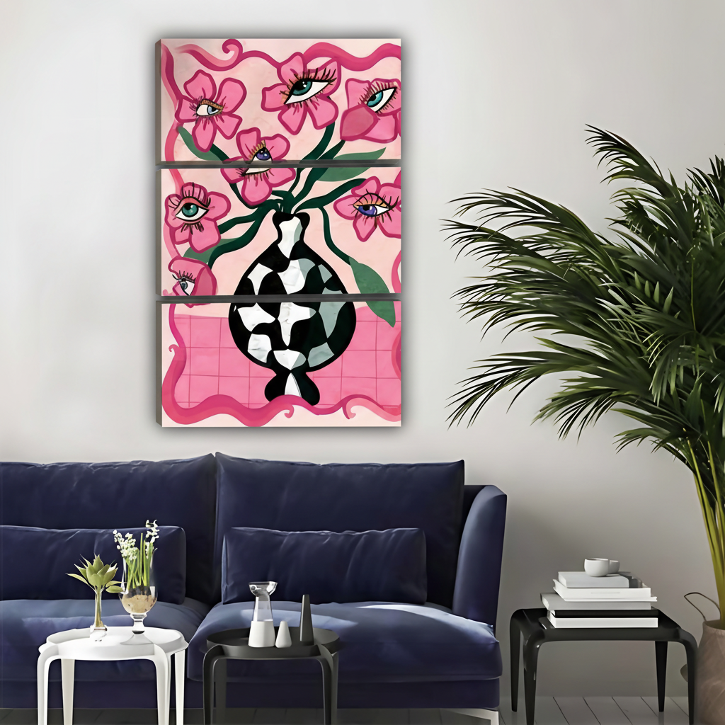 超现实花卉眼睛画作-三联画-原始大小