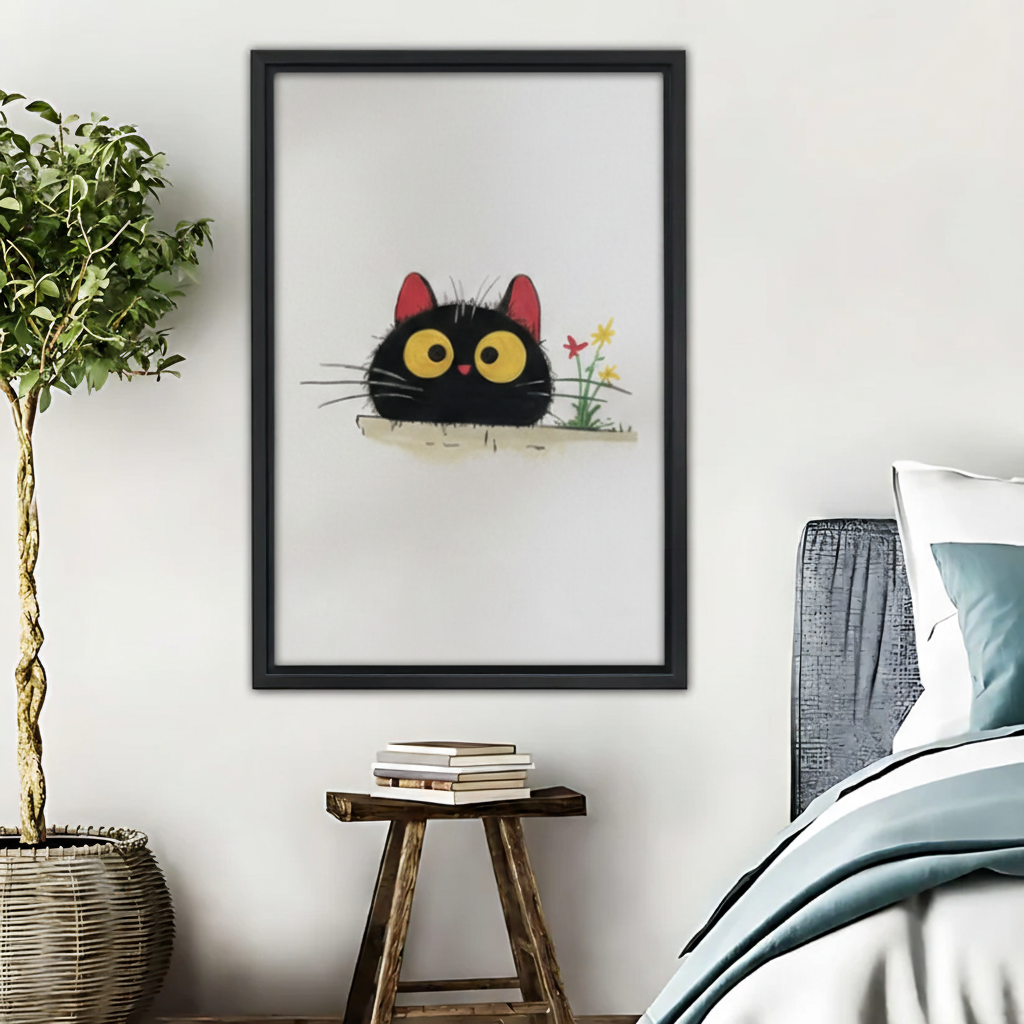 黑猫与小花水彩插画木框画场景图