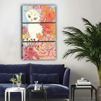 水彩白猫花卉画作-三联画