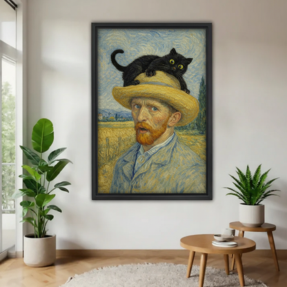 梵高自画像与黑猫木框画场景图