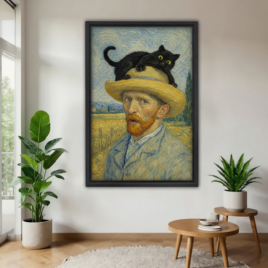 梵高自画像与黑猫木框画场景图