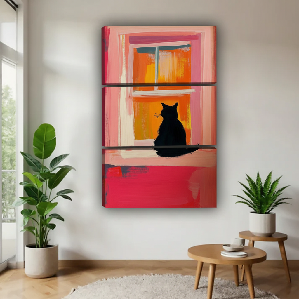 窗边黑猫剪影三联画场景图