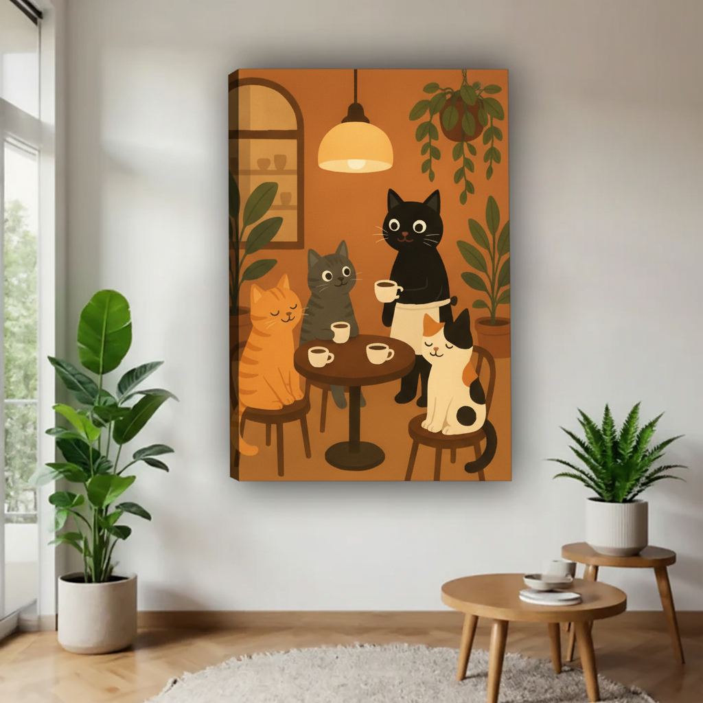 四只猫咪喝咖啡画布场景图
