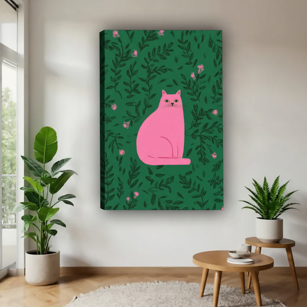 粉色猫咪植物背景帆布画场景图