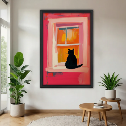 窗边黑猫剪影木框画场景图