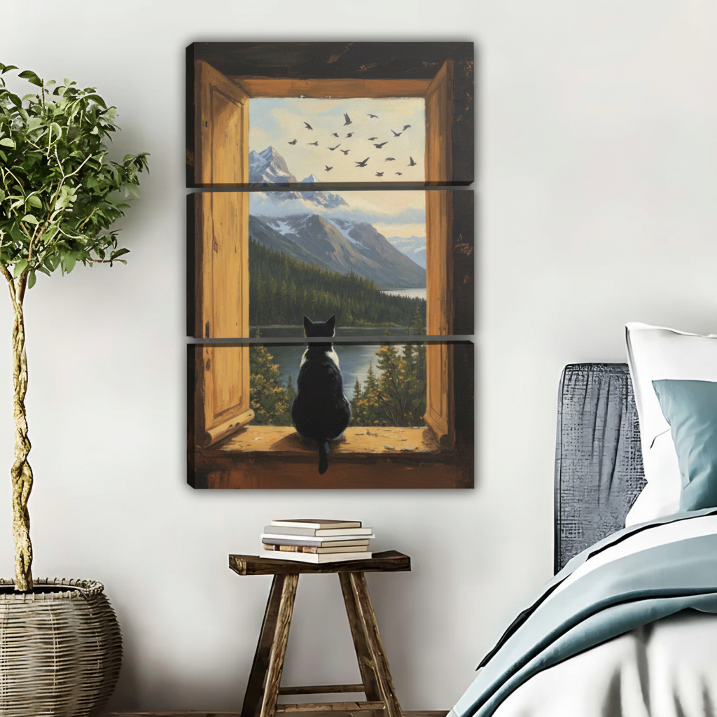 山景湖泊窗景猫咪艺术画三联画场景图