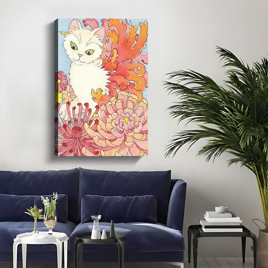 水彩白猫花卉画作-无框装裱