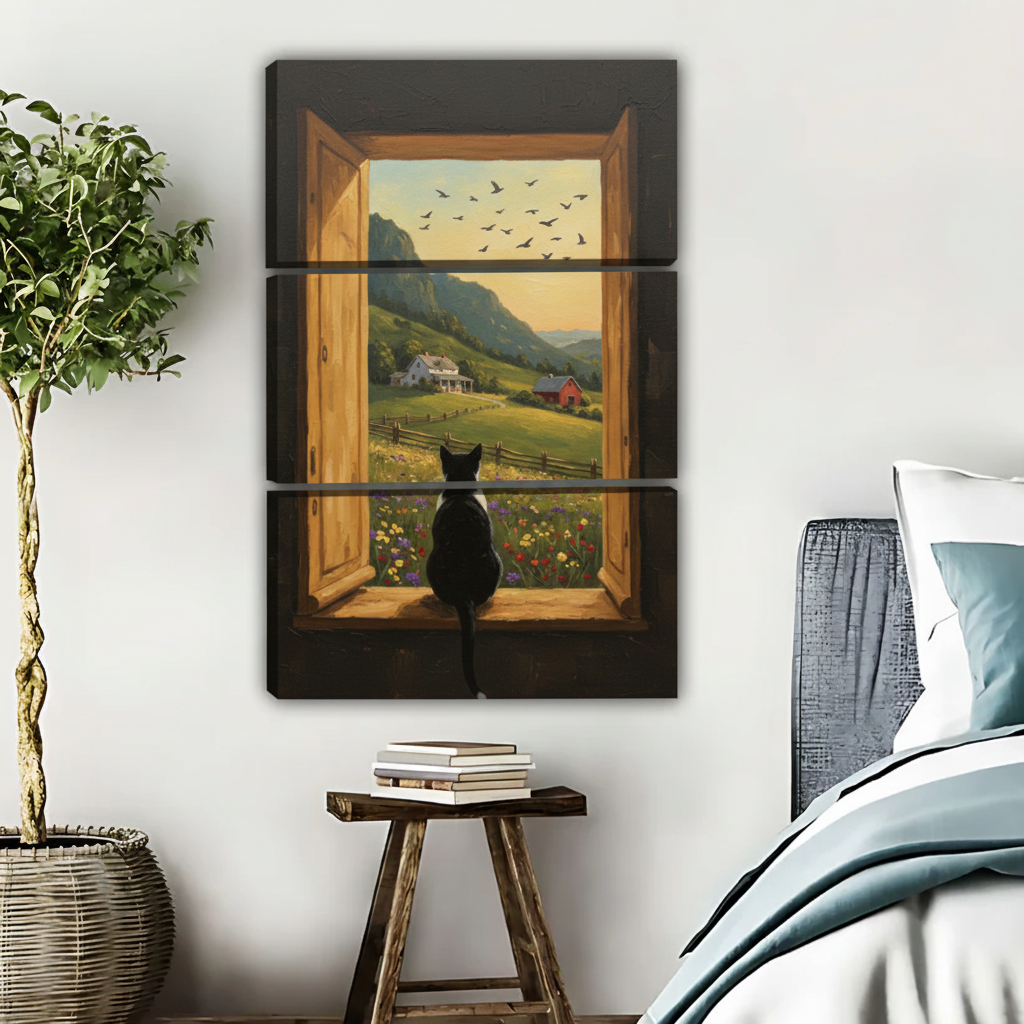 田园农场窗景猫咪艺术画三联画场景图