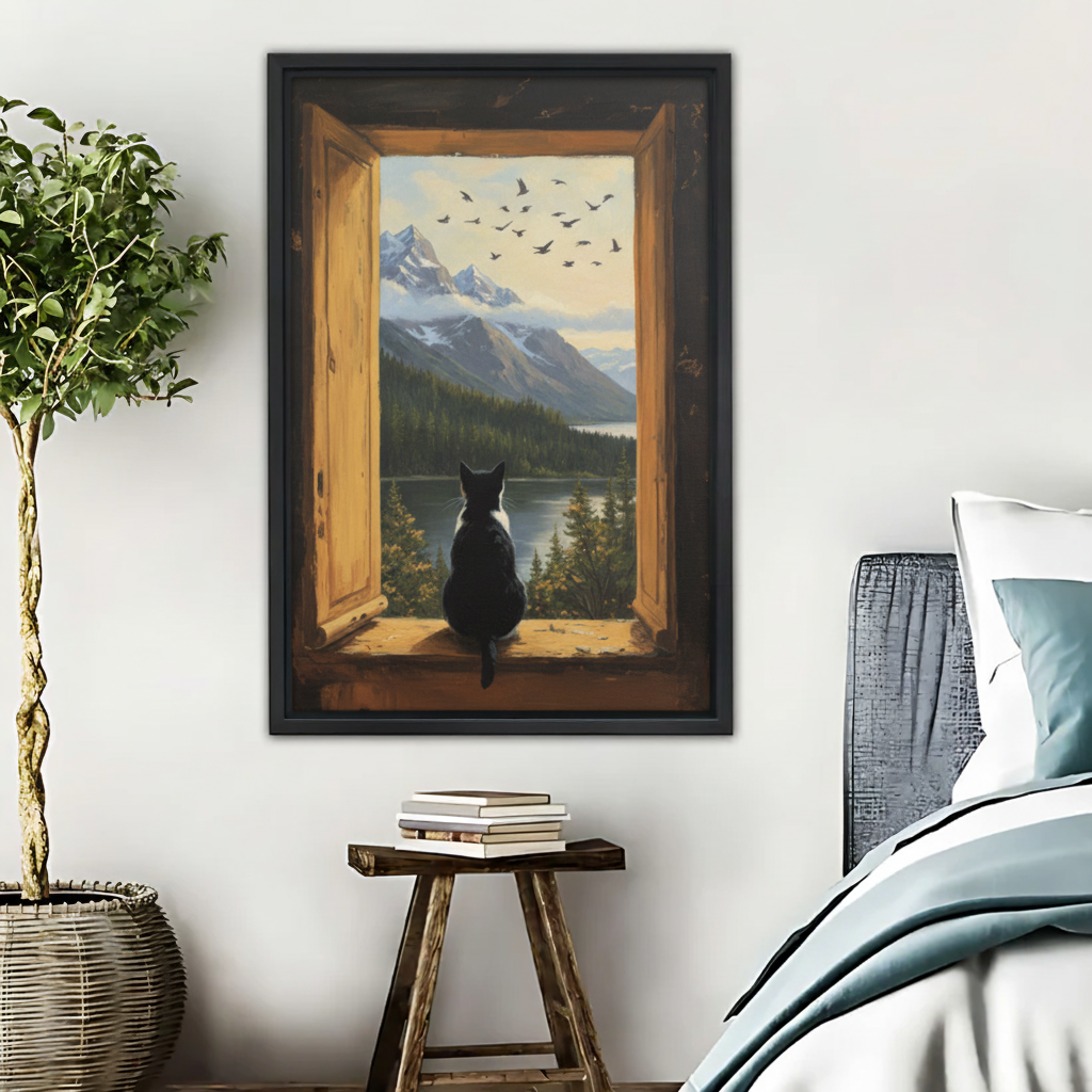 山景湖泊窗景猫咪艺术画木框画场景图