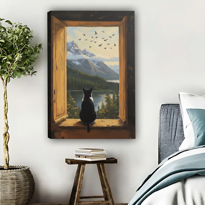 山景湖泊窗景猫咪艺术画无框画布场景图