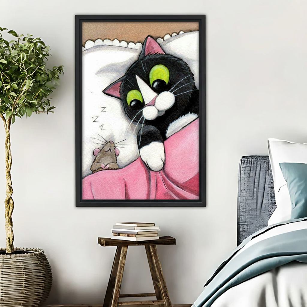 黑白猫与老鼠插画木框画场景图