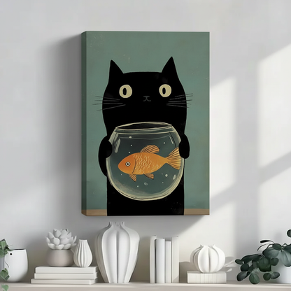 带光影效果的黑猫金鱼墙面艺术