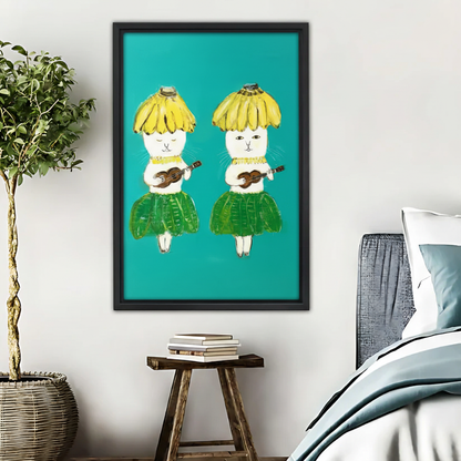 香蕉猫弹吉他插画木框画场景图