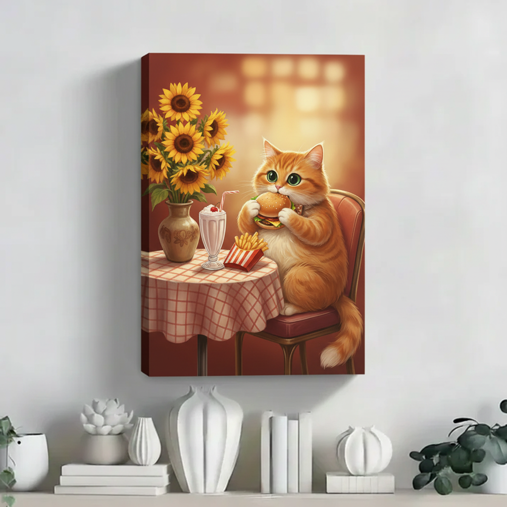 立体帆布画-吃汉堡的猫