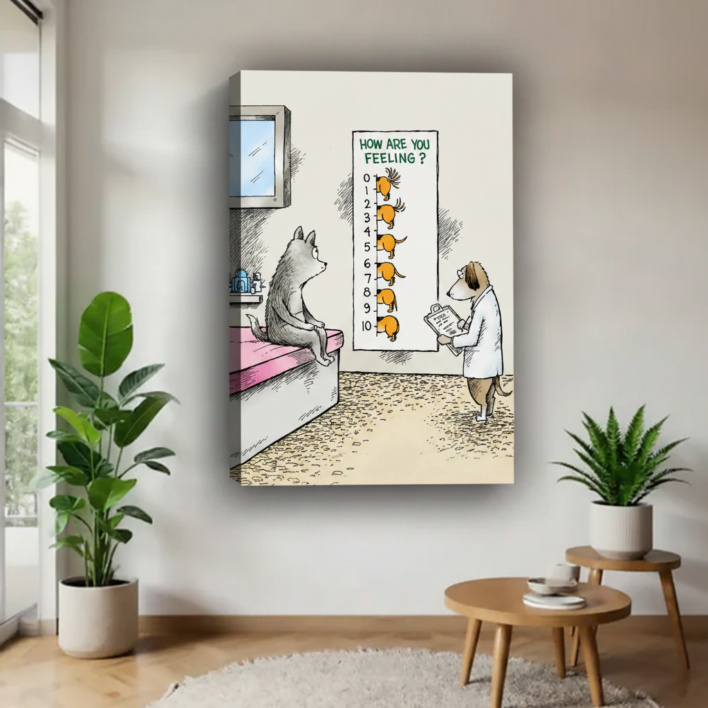 Dog doctor cat patient cartoon gallery wrap canvas print — funny how are you feeling pain chart, frameless humorous pet lover wall art