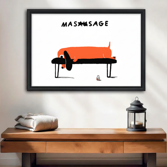 Funny dachshund lying on massage table canvas wall art in black floater frame — humorous self-care dog print for living room
