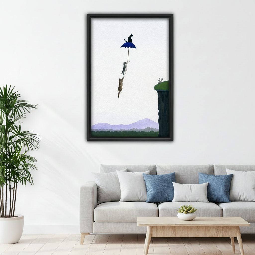 Framed surreal cat art print above desk in cozy home office – flying cats umbrella whimsical wall decor