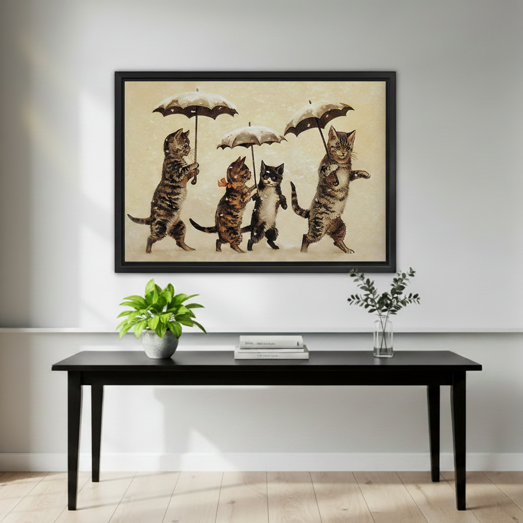 Victorian cats umbrella canvas wall art above console table living room decor