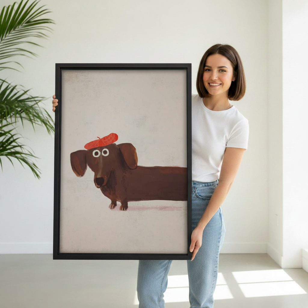 Dachshund red beret oil painting framed canvas hanging in dining room, charming quirky wiener dog portrait with red hat, perfect dog lover gift idea